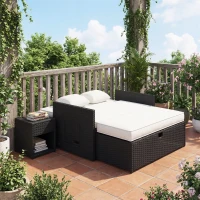Outsunny Rattan Garden Daybed, Double Sun Lounger with 5-Level Adjustable Back, Storage Ottoman, Cream White(m-9)