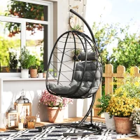 Outsunny Hangstoel voor buiten, Ei stoel, weerbestendig, inclusief kussen, 102 cm x 102 cm x 195 cm, Donkergrijs(m-2)