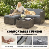 Outsunny 3 Pieces Garden Furniture Set w/ Cushions, PE Rattan Wicker Conversation Corner Sofa Set, Light Grey(m-6)