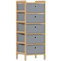 HOMCOM Chest of Drawers, 5 Fabric Drawers Narrow Dresser with Bamboo Frame, Light Grey(m-1)