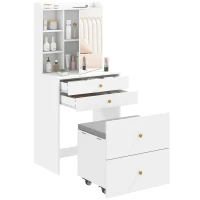 HOMCOM Kaptafel met spiegel en gevoerde kruk, compacte make-uptafel met kast, lades en open planken, wit(m-15)