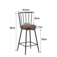 Tabouret de bar style Windsor en métal, assise ronde rembourrée, 39x39x96 cm, Marron(m-3)