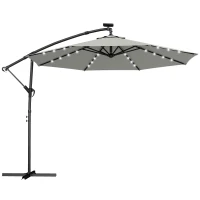 Outsunny Hangparasol LED Solar ca. Ø300 cm draaibaar parasol met slinger, voet en beschermhoes lichtgrijs(m-1)