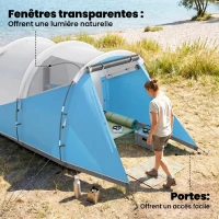 Outsunny Tente de camping familiale 3 personnes, tente tunnel imperméable, 2 portes fenêtres, ventilée 4,6 x 2,6 x 1,9 m, bleu(m-7)