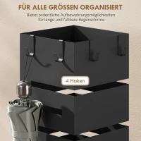 HOMCOM Parapluhouder, metalen standaard voor paraplu's, vrijstaande parapluhouder met haken en opvangschaal, plaats voor 8 paraplu's, Zwart(m-5)