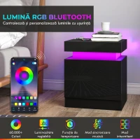 HOMCOM Set 2 Noptiere cu LED și 4 Moduri, 2 Sertare, Lemn, 45x35x52 cm, Negru Lucios(m-4)