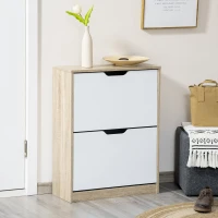 HOMCOM Meuble à chaussures 8 paires, armoire à chaussures étroite, 2 tiroirs rabattables, chêne et blanc(m-10)