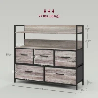 HOMCOM Rustic Chest of Five Fabric Drawers - Grey Wood Effect(m-3)
