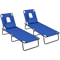 Outsunny Folding Sun Loungers Set of 2 with Face Hole, 4-Position Adjustable Backrest Garden Recliner Chair Sunbed, Outdoor Lounge Chair with 500 D Oxford Cloth Seat, Pillow for Beach, Blue(m-1)