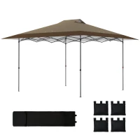 Outsunny Tenda Dobrável Pop-up 4x4 m com Bloqueio Central UPF50+ Altura Ajustável Sacos de Areia e Bolsa com Rodas Bege e Castanho(m-11)