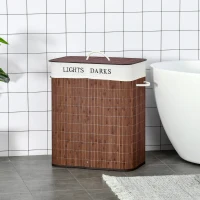 HOMCOM Panier à linge 100L avec 2 bacs bambou pliable couvercle poignée avec Sac amovible et lavable marron(m-2)