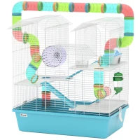 PawHut 4 Tier Hamster Cage w/ Tubes, Exercise Wheel, Hut, Water Bottle, Food Dish, Ramps, for Dwarf Hamster, Light Blue(m-11)