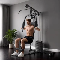 HOMCOM Máquina de Musculação com Pesos Ajustáveis de 45 kg, Press de Peito e Pernas, Polia, 135x103x200 cm, Preto(m-2)