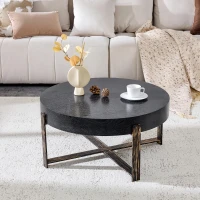 Table basse ronde style rétro‑industriel, stable et résistante, patins antidérapants et protège‑sol, 68x68x36 cm, Noir(m-5)