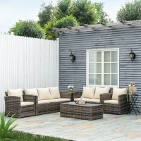 Outsunny Conjunto de Jardim Exterior de Vime 6 Peças Almofadas Sofá de Dois Lugares Sofá de Três Lugares 2 Cadeiras 2 Mesas Auxiliares Caqui(m-10)