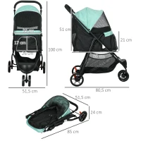 PawHut Huisdierbuggy inklapbaar met regenhoes, 2 drankhouders, blauw + groen(m-3)