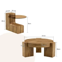 Ensemble 2 tables basses rondes, design 2 niveaux modulable, pieds en L renforcés, 61x61x30 cm, Couleur naturelle(m-3)
