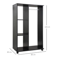 HOMCOM Roupeiro de Madeira Móvel Armário Roupeiro Aberto com Barra para Pendurar e 3 Prateleiras Organizadoras 80x40x128 cm Preto(m-3)