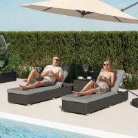 Outsunny Rattan Sun Loungers Set of 2 with Side Table, Garden Recliner Sunbeds with Adjustable Back, Cushions, Dark Grey(m-10)