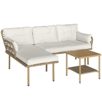 Outsunny Set da Giardino 3pz con Chaise Longue, Divanetto, Cuscini e Tavolino, in Rattan e Acciaio, Bianco Crema e Legno