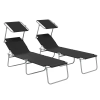 Outsunny Foldable Sun Lounger Set of 2 with Sun Shade & Adjustable Backrest - Black(m-1)