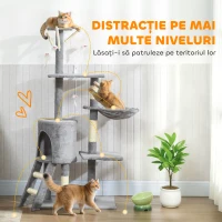 PawHut Ansamblu de joacă pentru pisici cu căsuță, stâlp de ascuțit gheare, platforme și 4 șoricei, 50x35x134.2 cm, gri(m-4)