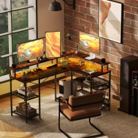 HOMCOM LED Light 'L' Computer Desk, with Shelves - Brown(m-10)