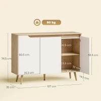 HOMCOM Buffet salon, meuble de rangement, 3 portes, étagères réglables et pieds en bois d'hévéa, 107x35x76,5cm, blanc et chêne(m-3)
