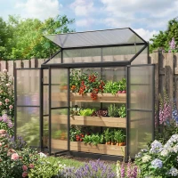 Outsunny 6 x 1.5ft Polycarbonate Greenhouse, Quick Setup, Lean-to Green House with 3 Hinged Doors, Top Vent, Black(m-10)