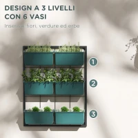 Outsunny Orto Verticale da Parete a 3 Livelli con 6 Vasi, in Acciaio e Plastica, 52x14x66 cm, Verde(m-5)