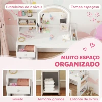 AIYAPLAY Toucador Infantil com Banqueta e Espelho com Luzes LED 1 Gaveta, Armário e 5 Prateleiras Branco(m-6)