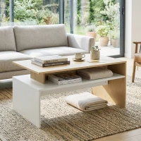 HOMCOM Tavolino da Salotto Bicolore con Mensola Asimmetrica, 95x55x50 cm, Legno Naturale e Bianco(m-2)