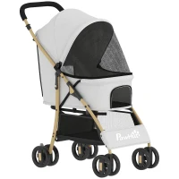 PawHut Carrinho para Animais de Estimação com Capota Ajustável e Cesta de Armazenamento 80x44,5x97 cm Cinzento Claro(m-1)