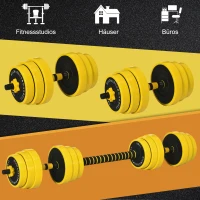 HOMCOM 25 kg halter & halter met lange stang, verstelbare ergonomische 3-in-1 halterset, 12 × schijven, 2 × korte stangen, 1 × lange stang, geel + zwart(m-6)