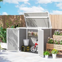 Outsunny 4.7 x 2.5FT Garden Shed, Double Bin Storage Shed with Lockable Doors, Outdoor Small Shed with Openable Lid for 2 Trash Cans, Garden Tools, Light Grey(m-4)