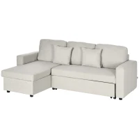 HOMCOM Slaapbank Hoekbank met Bedfunctie, inclusief 2-Zits Sofa, Eenpersoonsbed, L-vorm met Opbergruimte, 2 Kussens Crèmewit(m-1)