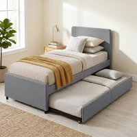 HOMCOM 3ft Single Bed Frame with Trundle, Upholstered Pull Out Trundle Bed with Headboard and Footboard, Dark Grey(m-2)