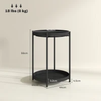 HOMCOM Ronde Bijzettafel met Legbord, 2-Lagen Koffietafel voor Woonkamer, Slaapkamer, Kleine Ruimtes, Metaal, Zwart(m-3)