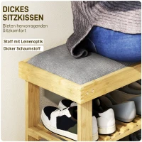 HOMCOM Schoenenbank met zitkussen, bamboe zitbank met opbergruimte, 2 open vakken, bankje 60 x 29 x 49 cm Grijs(m-4)