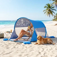 Outsunny Abri de plage tente de plage pliable pop-up automatique instantané protection UV fenêtre arrière grand tapis de sol bleu ciel(m-2)