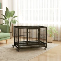 PawHut Cage pour chien animaux cage de transport sur roulettes 2 portes verrouillables plateau amovible 92 x 62 x 75 cm noir(m-8)