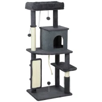 PawHut Arbre pour Chats Multiniveaux Haut 132 cm avec Maisonnette, Lit, Poteaux à Griffer, Brosse et Balle, Gris Foncé(m-1)