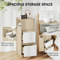 HOMCOM Slim Bedside Table, Narrow Bedside Cabinet with Open Shelf and 2 Drawers for Bedroom, Living Room, Natural Wood Finish(m-4)