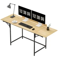 HOMCOM Inklapbare computertafel met 2 uitklapbladen, veel ruimte voor monitoren, metalen poten, stevige constructie, eikenlook + zwart(m-10)