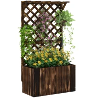 Outsunny Wooden Planter with Trellis, Freestanding Raised Garden Bed with Drainage Holes, Outdoor Planter Box with Liner for Vegetables, Herbs and Flowers, Carbonised(m-11)