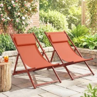 Outsunny Lot de 2 bain de soleil, chaise longue pliante avec appuie-tête en textilène inclinable 60 x 100 x 85 cm, rouge brique(m-10)