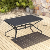 Outsunny Tuintafel Staal 150x90 cm Weerbestendige Balkontafel met Parasolgat, Lamellendesign voor 6 Personen Zwart(m-3)
