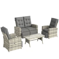 Outsunny 4 Piece Rattan Garden Furniture Set Outdoor Sofa Sectional Set with Glass Top Table for Poolside, Light Grey(m-1)