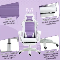 Vinsetto Scaun Gaming cu Urechi de Iepuraș, Suport pentru Picioare, Perne, Reglabil și Reclinabil, Mov(m-8)