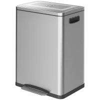 HOMCOM Prullenbak met Deksel en Voetpedaal, Roestvrij Staal, 2x 20 Liter Compartimenten, Zilver(m-10)